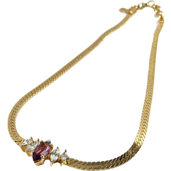 Vintage Christian Dior Purple Rhinestone and Gold Tone Chain Necklace - Picture 3 of 10